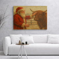 Vintage Farmhouse Christmas Canvas Print, Santa Claus with Highland Cow Canvas Art, Rustic Holiday Cattle Wall Decor, Xmas Home Decor Present