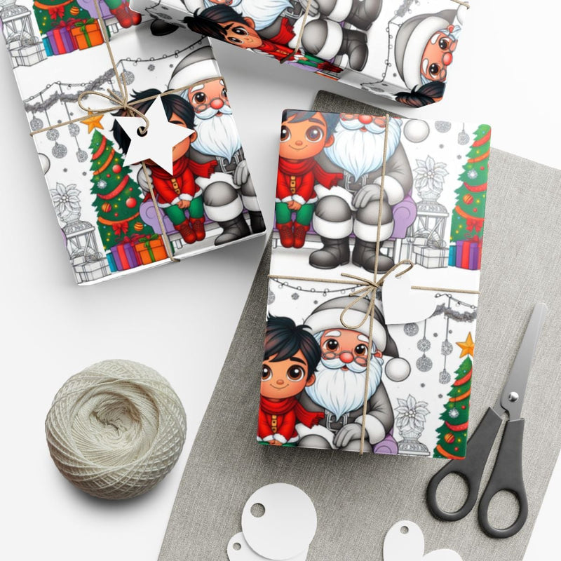 Santa and Boy Coloring Gift Wrap, Color-In Christmas Wrapping Paper, DIY Kids Holiday Activity Wrapping Paper, Fun Christmas Present Wrap