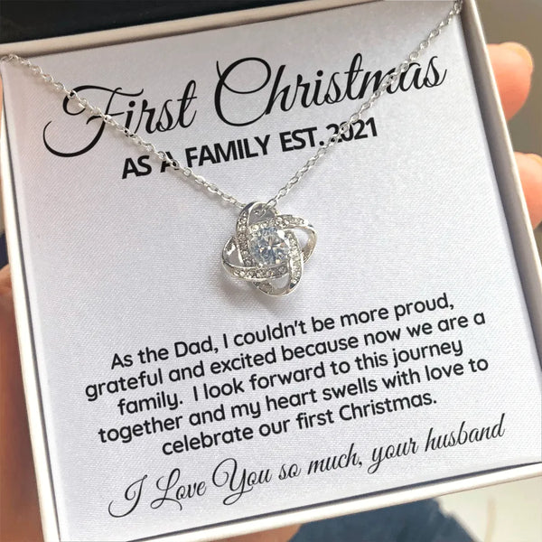 Love Knot Pendant for Wife, First Christmas as a Family Necklace, 14k White Gold Holiday Necklace, New Mom Christmas Present 