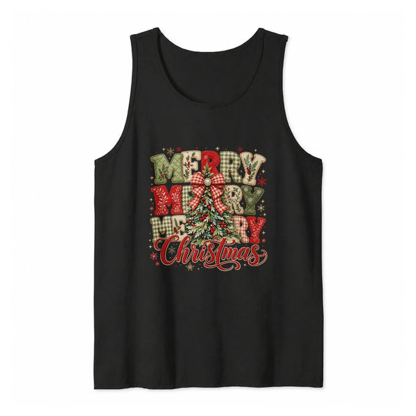 Patchwork Christmas Tree Tank, Merry Merry Merry Christmas Tank Top, Vintage Farmhouse Holiday Tank Top, Sleeveless Tee, Chri