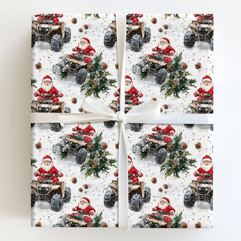 Rustic Off Road Wrapping Paper Roll, Santa Riding ATV Wrapping Paper, Outdoorsy Christmas Gift Wrap, Snow Holiday ATV Wrapping Paper Roll