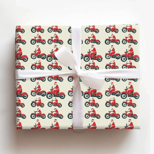 Red Motorcycle Gift Wrap, Chopper Santa Christmas Wrapping Paper, Biker Santa Holiday Wrapping Paper, Novelty Christmas Gift 