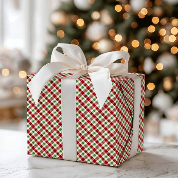 Diagonal Plaid Gift Wrap, Red Green Gingham Wrapping Paper, Classic Check Christmas Wrapping Paper, Rustic Holiday Festive Wr