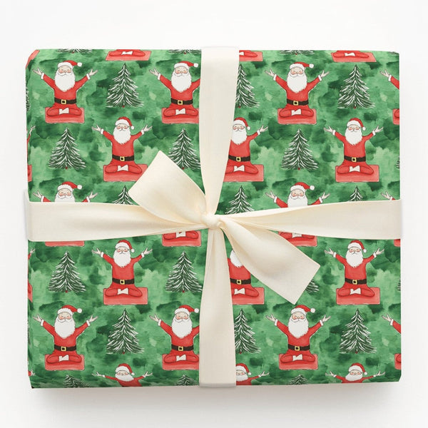 Red Mat Yoga Santa Wrapping Paper, Meditating Santa Wrapping Paper, Green Watercolor Christmas Wrapping Paper, Zen Holiday Gi