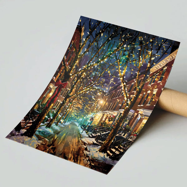 Snowy Holiday Storefront Art Print, Christmas City Street Poster, Winter Lights Festive Wall Poster, Comfy Xmas Decor Seasona