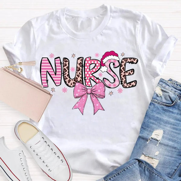 Nurse Christmas Shirt, School Nurse Santa Hat Pink Bow Shirt, Festive Holiday Medical Tee, Adorable Coquette Nurse Graphic Sh