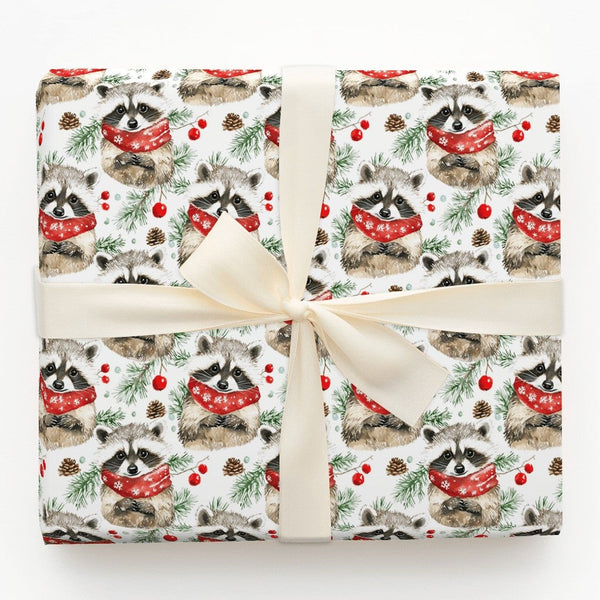 Adorable Woodland Animal Gift Wrap, Raccoon Scarf Wrapping Paper, Watercolor Winter Raccoon Paper, Christmas Holiday Wrapping