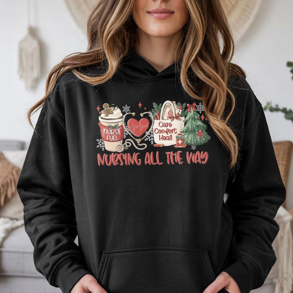 RN Holiday Sweatshirt, Nursing All the Way Christmas Nurse Hoodie, LPN Medical Graphic Hooded Pullover, Nursing Student Xmas 