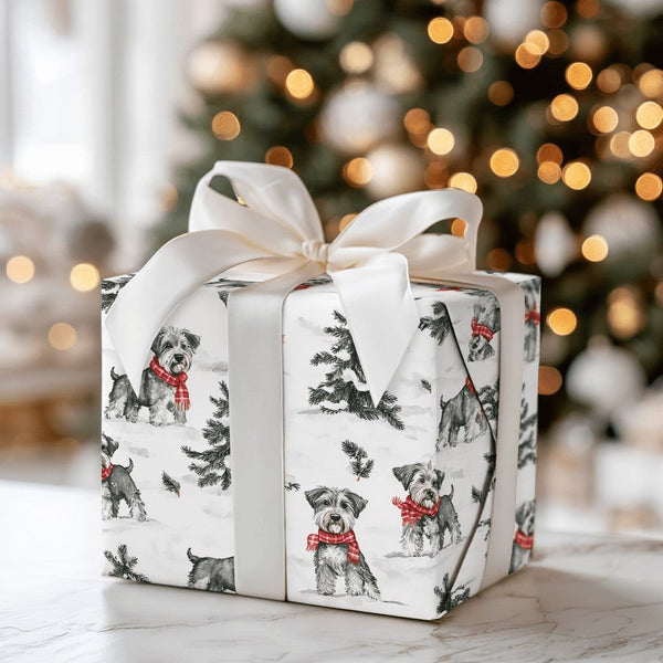 Festive Dog Gift Wrap, Schnauzer Christmas Wrapping Paper, Winter Plaid Scarf Puppy Wrapping Paper, Holiday Pet Gift Wrap for