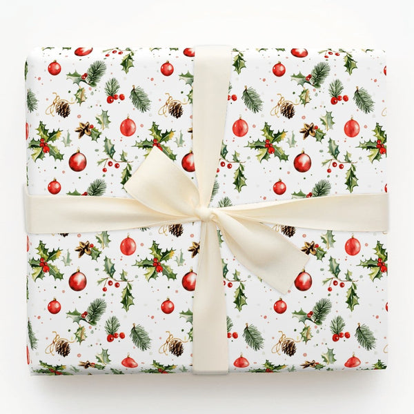Christmas Ornament Gift Wrap, Watercolor Holly Berry Wrapping Paper, Pinecone Botanical Wrapping Paper