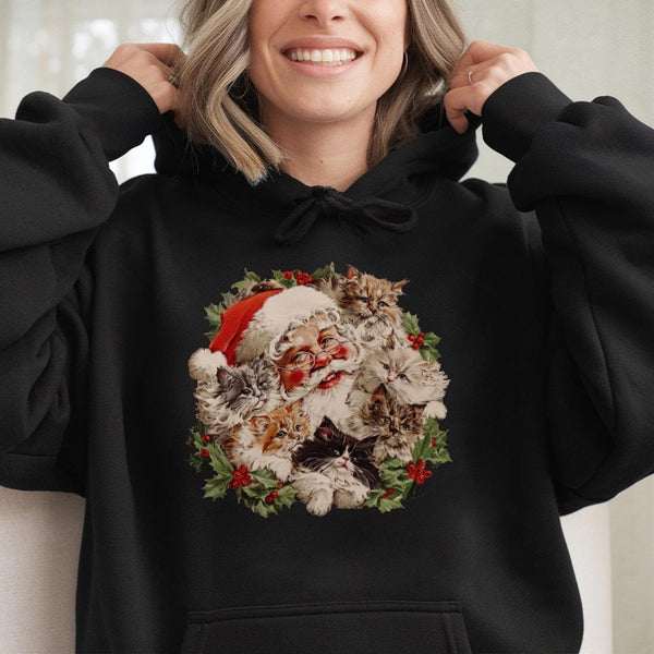 Retro Christmas Cat Hoodie, Vintage Santa Kittens Hoodie, Festive Santa Claus Cat Lover Sweatshirt, Comfy Holiday Pullover, X