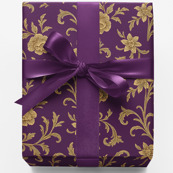 Purple Gold Gift Wrap Roll, Baroque Floral Wrapping Paper, Botanical Scroll Present Paper, Elegant Christmas Gift Wrap, Weddi