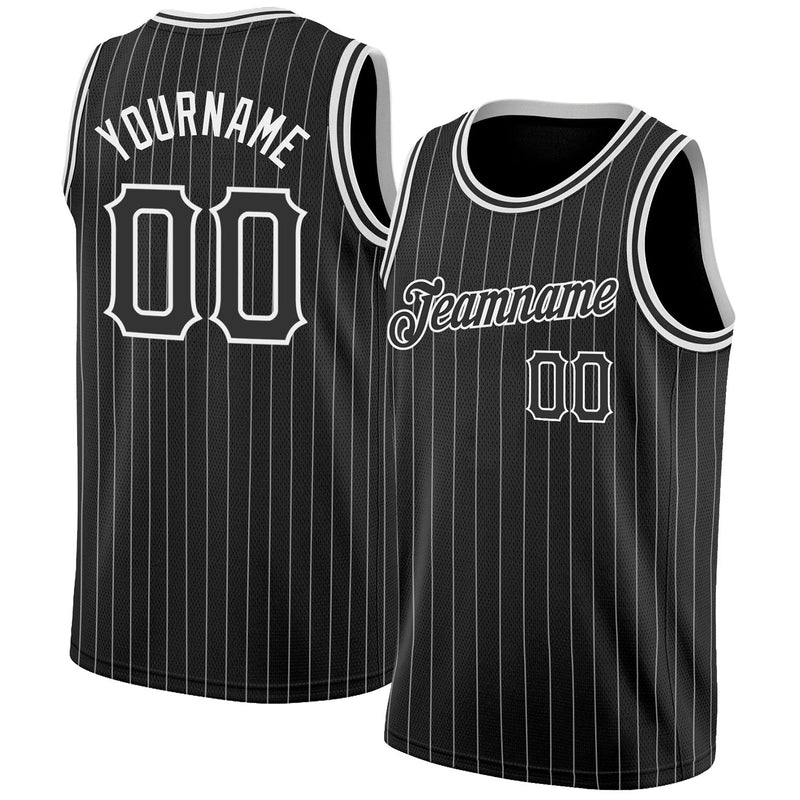 Custom Basketball Jersey - Black White Pinstripe Black-White Authentic