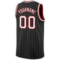 Custom Basketball Jersey - Black White Pinstripe White-Red Authentic