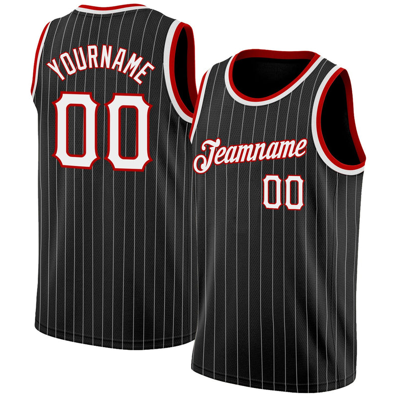 Custom Basketball Jersey - Black White Pinstripe White-Red Authentic