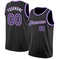 Custom Basketball Jersey - Black White Pinstripe Purple-White Authentic