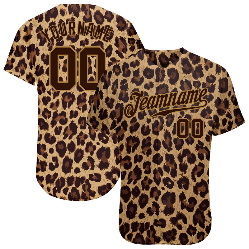 Custom Baseball Jersey - Brown Brown-Old Gold 3D Pattern Design Leopard Authentic