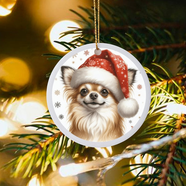 Santa Hat Chihuahua Dog Ornament, Long Haired Chihuahua Christmas Ornament, Chihuahua Ceramic Holiday Tree Ornament, Dog Love