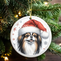 Santa Hat Dog Snowflakes Christmas Ornament, Japanese Chin Dog Ceramic Ornament, Adorable Pet Lover Tree Decor, Holiday Keepsake Ornament