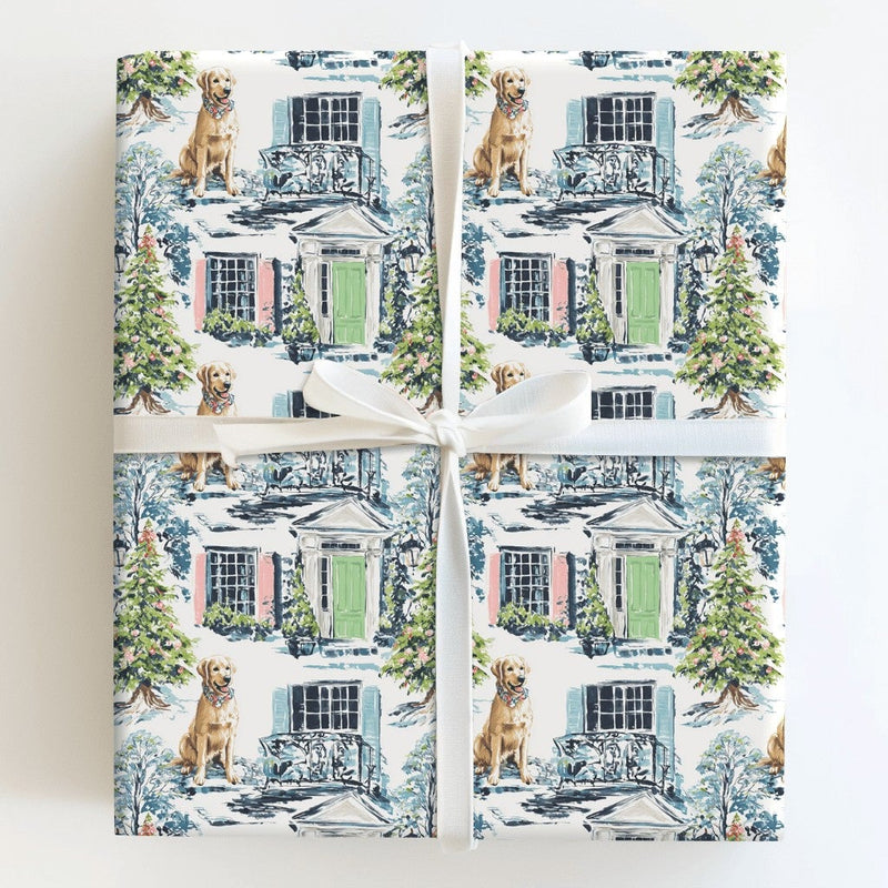 Colonial House Gift Wrap, Yellow Labrador Christmas Wrapping Paper, Festive Dog Wrapping Paper, Holiday Gift Wrap, Dog Lover Present Wrap