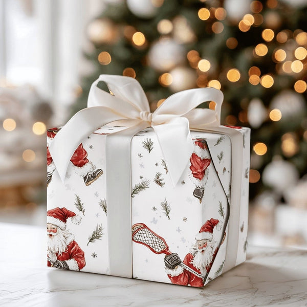 Ice Skating Santa Claus Gift Wrap, Lacrosse Santa Wrapping Paper, Sports Christmas Wrapping Paper, Athlete Coach Holiday Wrap
