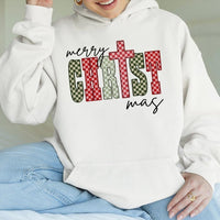 Checkered Holiday Christian Graphic Sweatshirt, Merry Christmas Cross Hoodie, Faith Nativity Pullover, Religious Xmas Present for Men Women
