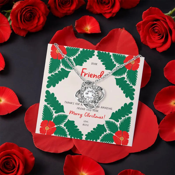 Rotating Rose Box, Best Friend Love Knot Necklace, Sparkling CZ Crystal Pendant, Meaningful Christmas Friendship Jewelry Pres