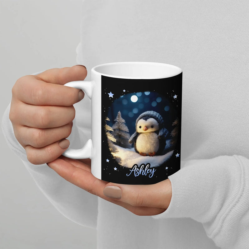 Custom Name Adorable Winter Animal Ceramic Mug, Personalized Penguin Mug, Holiday Coffee Mug, Adorable Christmas Penguin Cup Present for Kids