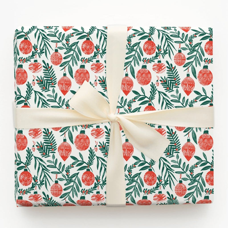 Holly and Pine Foliage Gift Wrap, Christmas Ornament Wrapping Paper, Red Berry Holiday Wrapping Paper, Classic Xmas Gift Wrap Roll