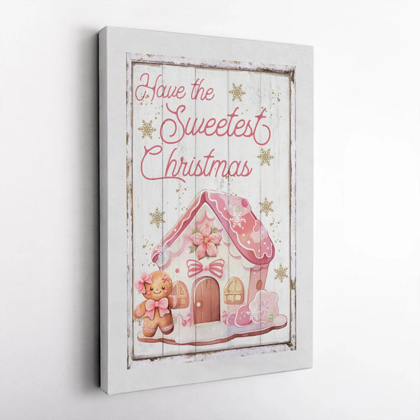 Pastel Christmas Wall Art, Pink Gingerbread House Canvas Print, Sweet Holiday Canvas Decor, Whimsical Xmas Wall Hanging