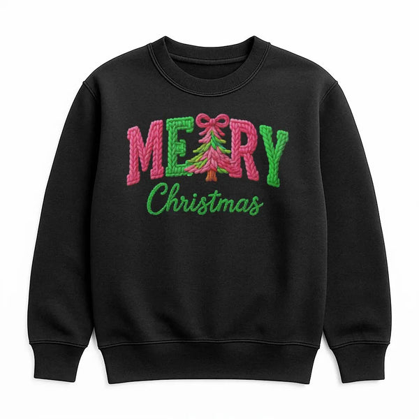 Faux Knitted Yarn Sweater, Merry Christmas Sweatshirt, Vintage Christmas Tree Crewneck, Festive Holiday Pullover, Christmas P