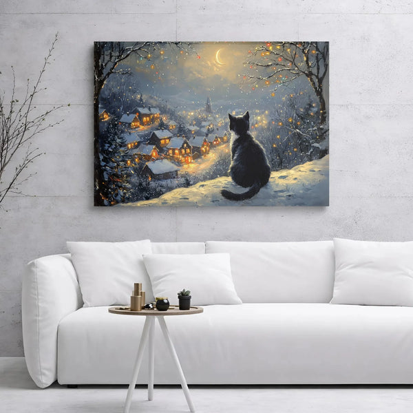 Snowy Village Winter Canvas Art, Black Cat Christmas Canvas Print, Comfy Holiday Night Wall Art, Christmas Cat Canvas Decor, 