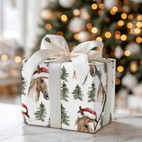 Equestrian Santa Hat Pine Tree Gift Wrap, Horse Christmas Wrapping Paper, Watercolor Horse Wrapping Paper, Country Holiday Horse Gift Wrap