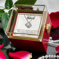 Gold CZ Crystal Pendant Jewelry, Niece Love Knot Necklace with Rotating Rose Box, Birthday Present for Niece, Christmas Present