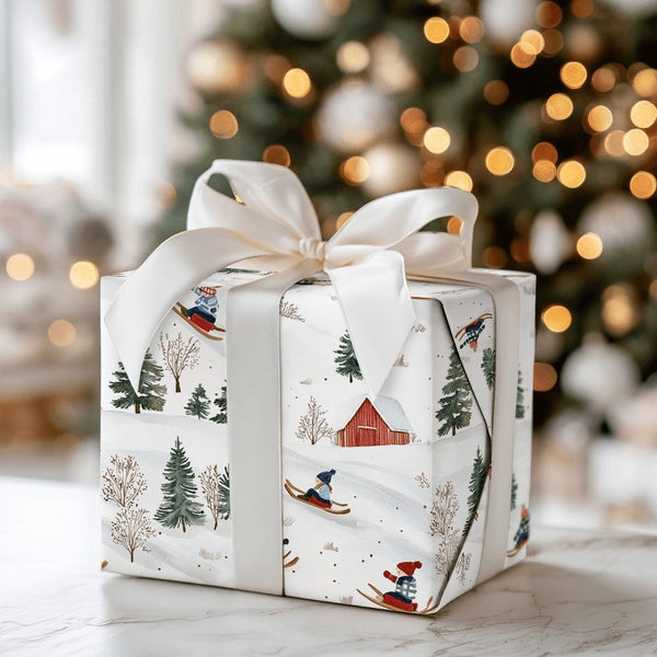 Sledding Kids Holiday Gift Wrap, Winter Skiing Christmas Wrapping Paper, Whimsical Snow Day Gift Wrapping Paper, Rustic Winte