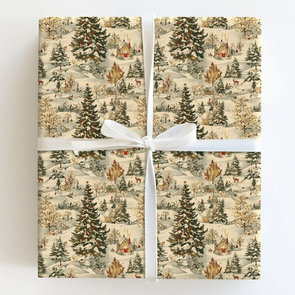 Snowy Christmas Cabin Gift Wrap, Vintage Winter Village Wrapping Paper, Nostalgic Holiday Scene Wrapping Paper, Seasonal Pres