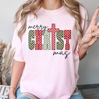 Christian Merry Christmas T-Shirt, Checkered Cross Christmas Shirt, Religious Holiday Graphic Tee, Retro Faith Christmas Shirt, Xmas Present