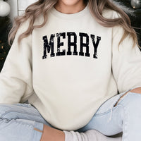 Retro Varsity Font Holiday Crewneck, Merry Christmas Sweatshirt, Vintage Xmas Graphic Sweater, Festive Seasonal Pullover Present for Family