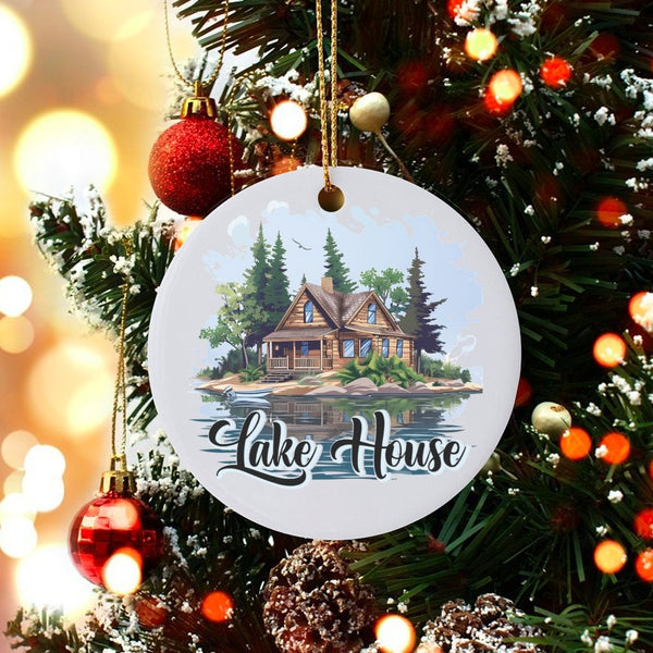 Log Cabin Nature Ornament, Rustic Lake House Ceramic Ornament, Comfy Woodland Forest Holiday Ornament, Cabin Owner Christmas 