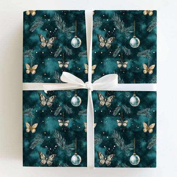Teal Pine Ornament Gift Wrap, Winter Butterfly Wrapping Paper, Botanical Christmas Wrapping Paper, Nature Holiday Present Gif