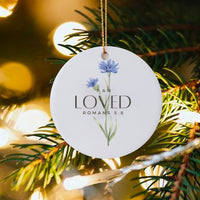 Blue Cornflower Floral Verse Ornament, I Am Loved Romans 5 8 Scripture Ornament, Ceramic Christian Christmas Ornament, Holiday Present
