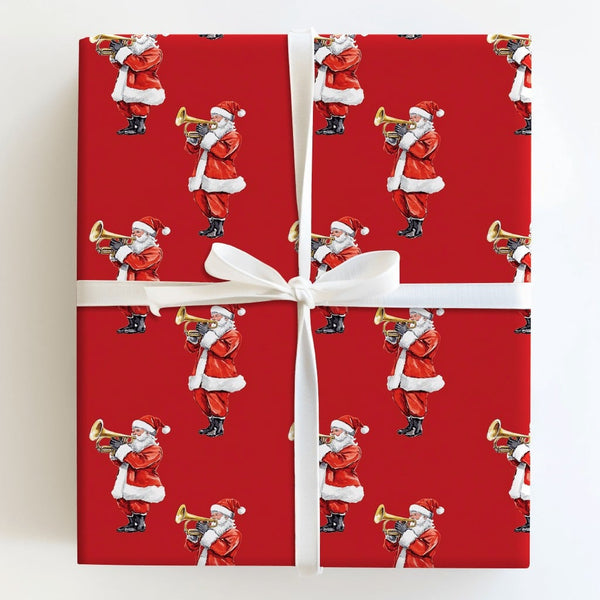 Red Musical Christmas Gift Wrap, Santa Playing Trumpet Wrapping Paper, Vintage Santa Claus Wrapping Paper, Holiday Present Wr