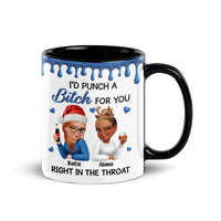 Humorous Cartoon Besties Holiday Ceramic Mug, Punch a Bitch for You Christmas Mug, Custom BFF Coffee Cup, Soul Sister Xmas Present Coffee Mug