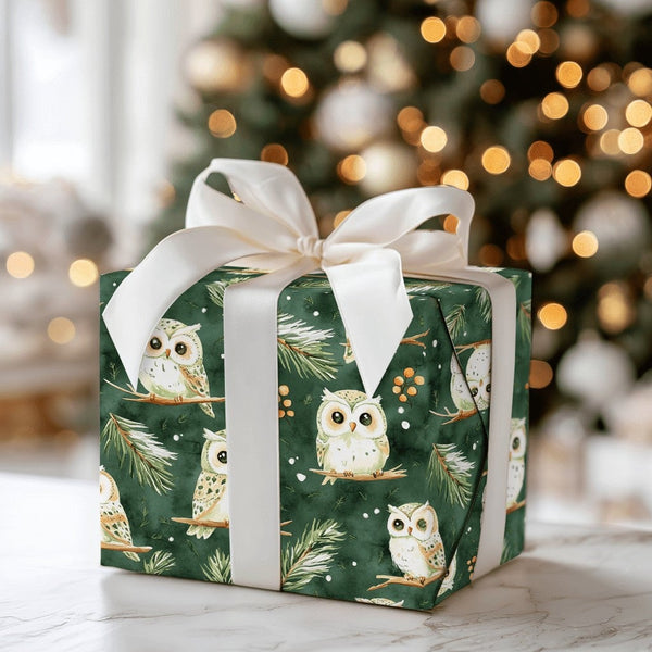 Forest Green Christmas Gift Wrap, Woodland Owl Wrapping Paper, Watercolor Winter Pine Present Paper, Snowy Bird Holiday Wrapp