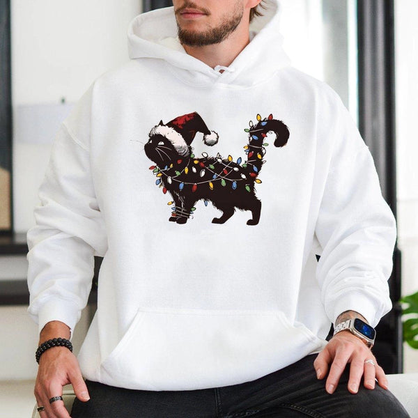 Santa Hat Fairy Lights Sweatshirt, Black Cat Christmas Hoodie, Adorable Cat Lover Holiday Pullover, Humorous Animal Hoodie, X