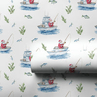 Nautical Boat Christmas Gift Wrap, Fishing Santa Wrapping Paper, Watercolor Angler Holiday Wrapping Paper, Whimsical Ocean Santa Gift Wrap