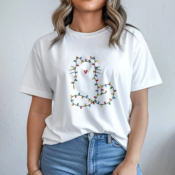 Adorable Kitty Holiday Shirt, Fairy Lights Cat Christmas T-Shirt, Minimalist Cat Graphic Tee, Comfy Xmas Cat Lover Apparel, C