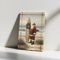 Coastal Vintage Santa Canvas Print, Surfing Santa Canvas Wall Art, Tropical Christmas Wall Decor, Beach House Holiday Canvas Wall Art