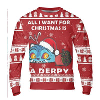 Humorous Holiday Cat Sweater, Derpy Blue Cat Ugly Christmas Sweater, Adorable Derpy Cat Christmas Sweatshirt, Animal Lover Xmas Crewneck Present