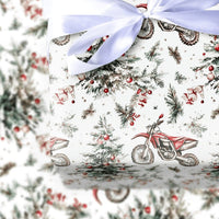 Red Dirt Bike Holiday Gift Wrap, Motocross Christmas Wrapping Paper, Watercolor Motorcycle Wrapping Paper, Winter Biker Xmas Gift Wrap